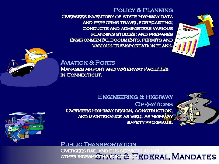 Policy & Planning Oversees inventory of state highway data and performs travel forecasting; conducts