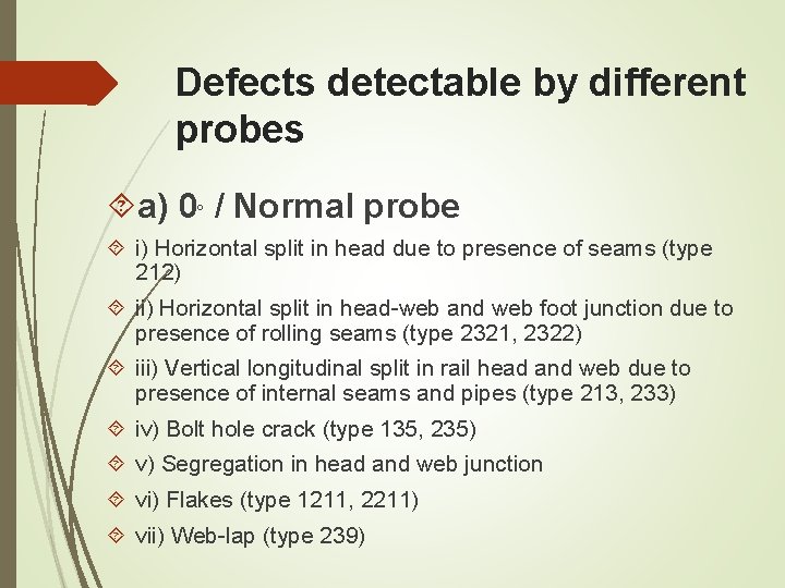 Defects detectable by different probes a) 0° / Normal probe i) Horizontal split in Defects detectable by different probes a) 0° / Normal probe i) Horizontal split in