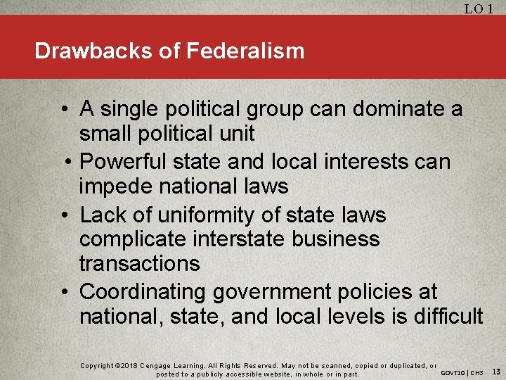 LO 1 Drawbacks of Federalism • A single political group can dominate a small