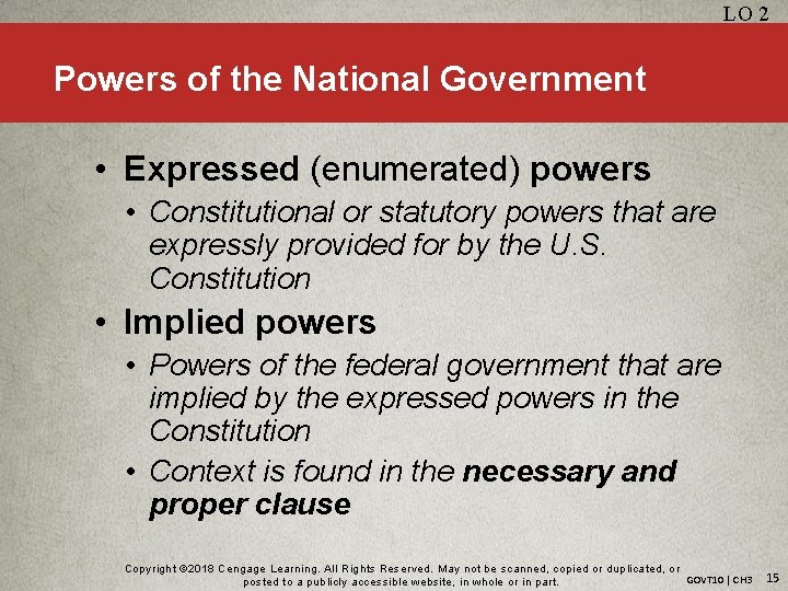LO 2 Powers of the National Government • Expressed (enumerated) powers • Constitutional or