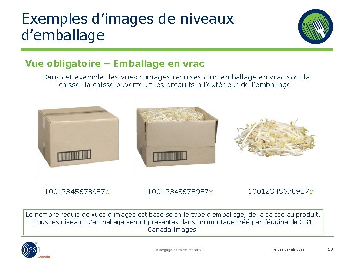 Exemples d’images de niveaux d’emballage Vue obligatoire – Emballage en vrac Dans cet exemple,