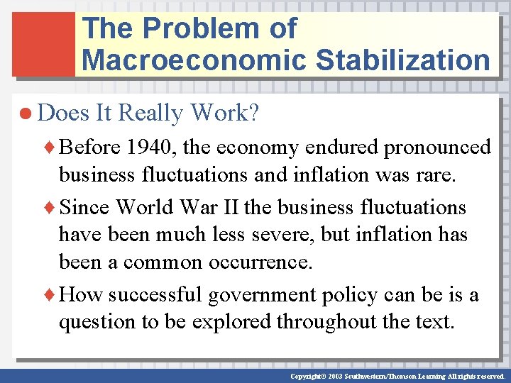 The Problem of Macroeconomic Stabilization ● Does It Really Work? ♦ Before 1940, the The Problem of Macroeconomic Stabilization ● Does It Really Work? ♦ Before 1940, the