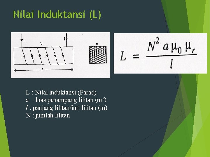 Nilai Induktansi (L) L : Nilai induktansi (Farad) a : luas penampang lilitan (m