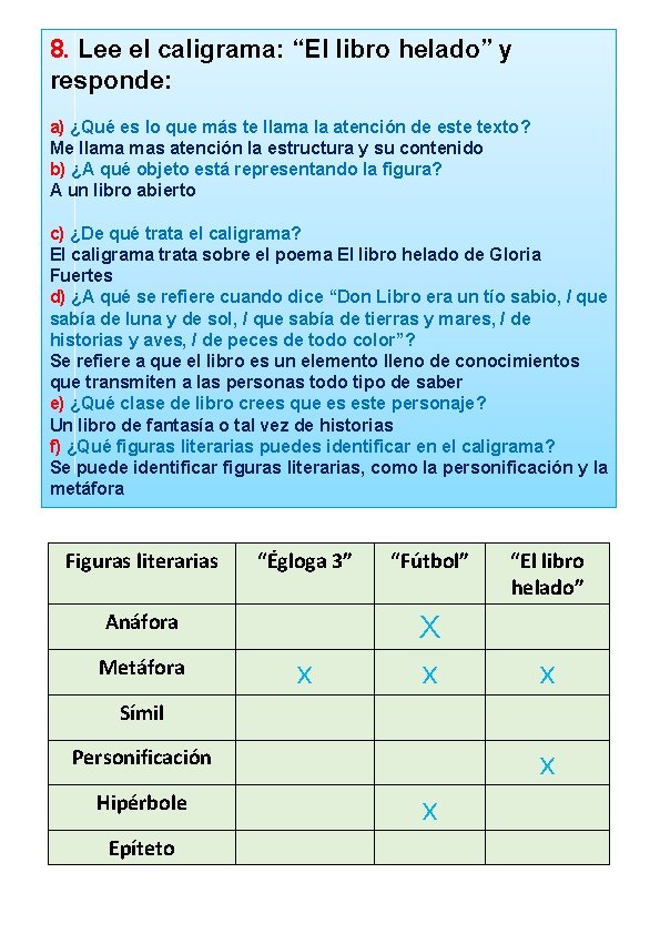 8. Lee el caligrama: “El libro helado” y responde: a) ¿Qué es lo que