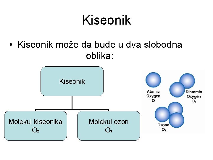 Kiseonik • Kiseonik može da bude u dva slobodna oblika: Kiseonik Molekul kiseonika O