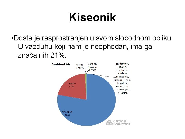 Kiseonik • Dosta je rasprostranjen u svom slobodnom obliku. U vazduhu koji nam je Kiseonik • Dosta je rasprostranjen u svom slobodnom obliku. U vazduhu koji nam je
