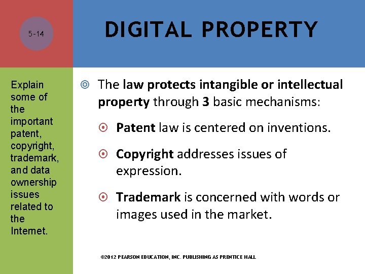 DIGITAL PROPERTY 5 -14 Explain some of the important patent, copyright, trademark, and data