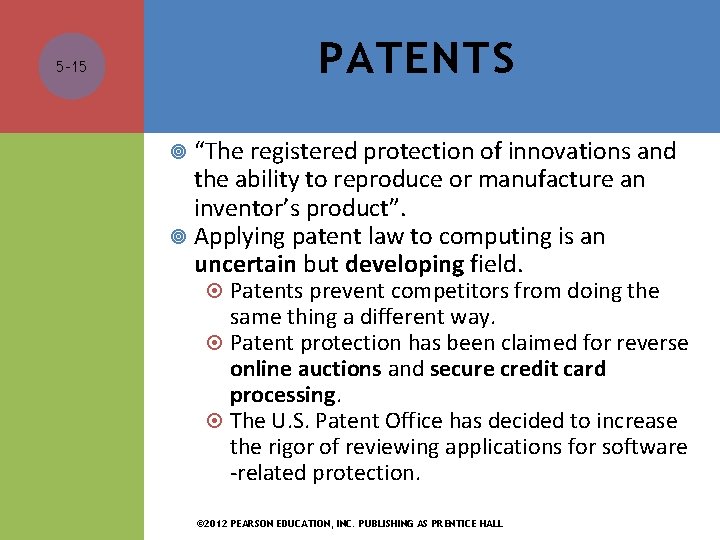 PATENTS 5 -15 “The registered protection of innovations and the ability to reproduce or