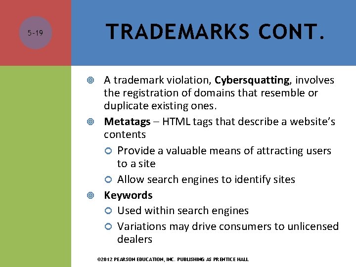 TRADEMARKS CONT. 5 -19 A trademark violation, Cybersquatting, involves the registration of domains that