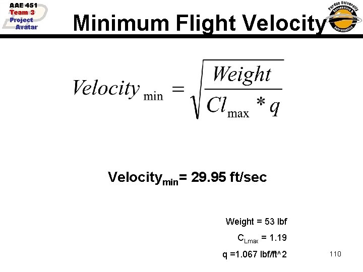 AAE 451 Team 3 Project Avatar Minimum Flight Velocitymin= 29. 95 ft/sec Weight =