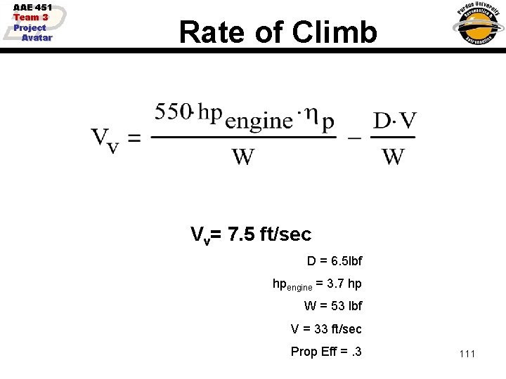 AAE 451 Team 3 Project Avatar Rate of Climb Vv= 7. 5 ft/sec D