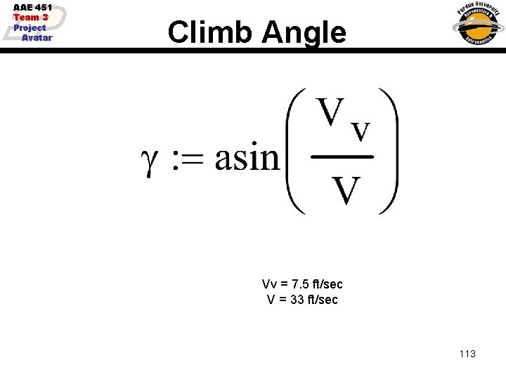 AAE 451 Team 3 Project Avatar Climb Angle Vv = 7. 5 ft/sec V