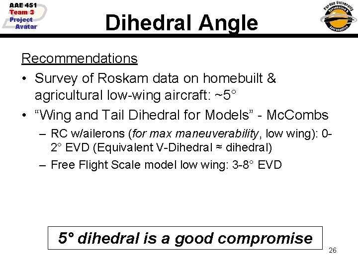 AAE 451 Team 3 Project Avatar Dihedral Angle Recommendations • Survey of Roskam data