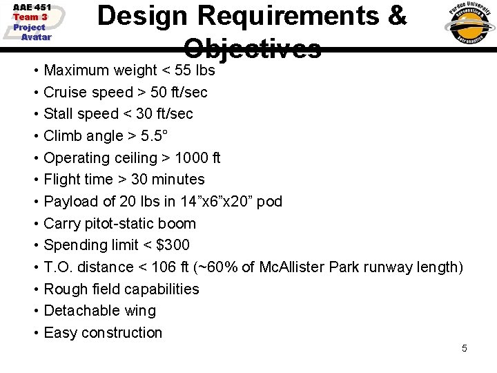 AAE 451 Team 3 Project Avatar Design Requirements & Objectives • Maximum weight <