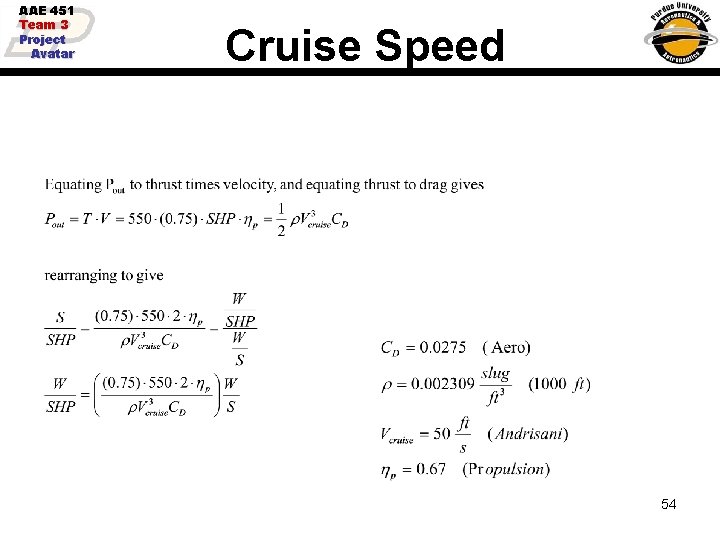 AAE 451 Team 3 Project Avatar Cruise Speed 54 