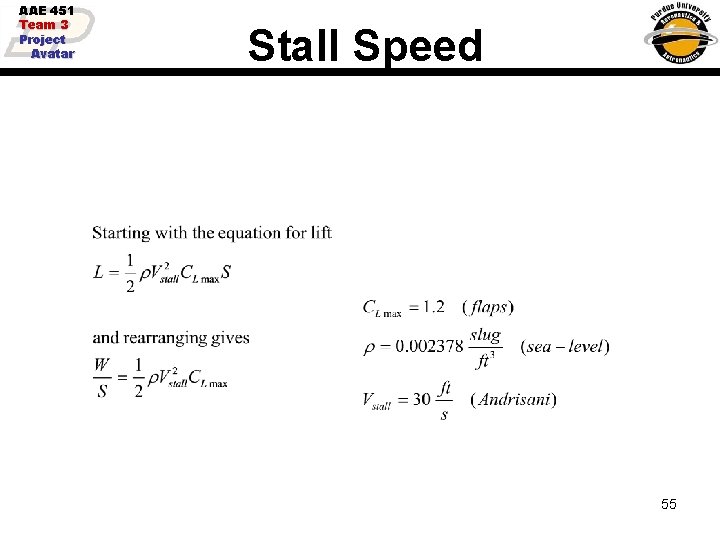 AAE 451 Team 3 Project Avatar Stall Speed 55 