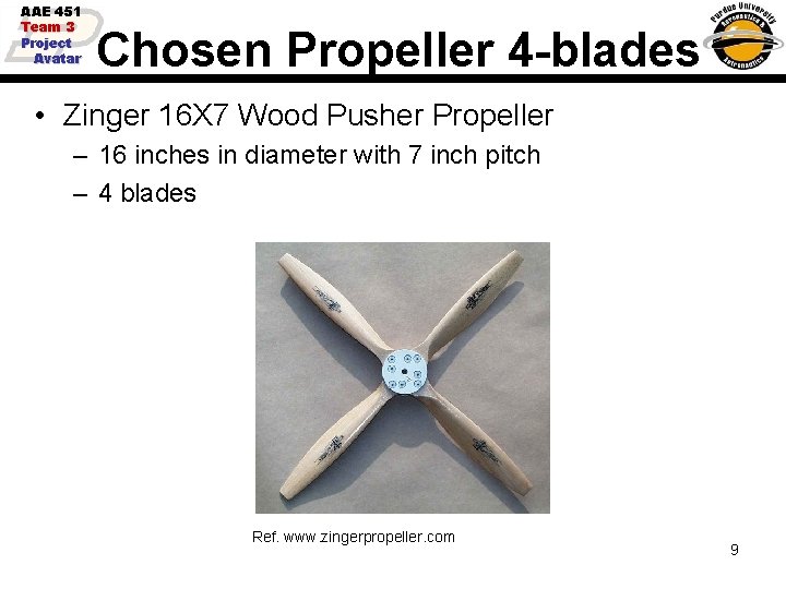 AAE 451 Team 3 Project Avatar Chosen Propeller 4 -blades • Zinger 16 X