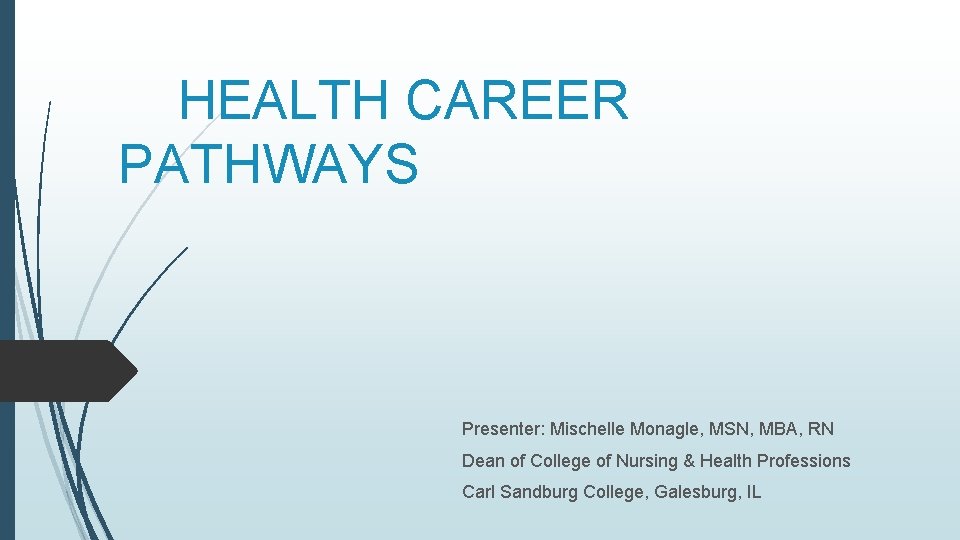 HEALTH CAREER PATHWAYS Presenter: Mischelle Monagle, MSN, MBA, RN Dean of College of Nursing