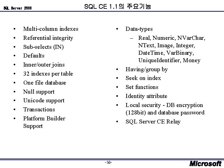 SQL Server 2000 • • • SQL CE 1. 1의 주요기능 • Multi-column indexes