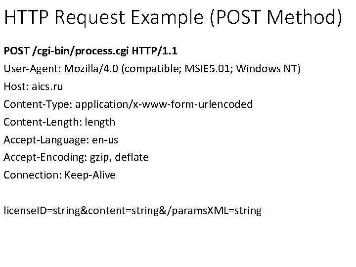 HTTP Request Example (POST Method) POST /cgi-bin/process. cgi HTTP/1. 1 User-Agent: Mozilla/4. 0 (compatible;