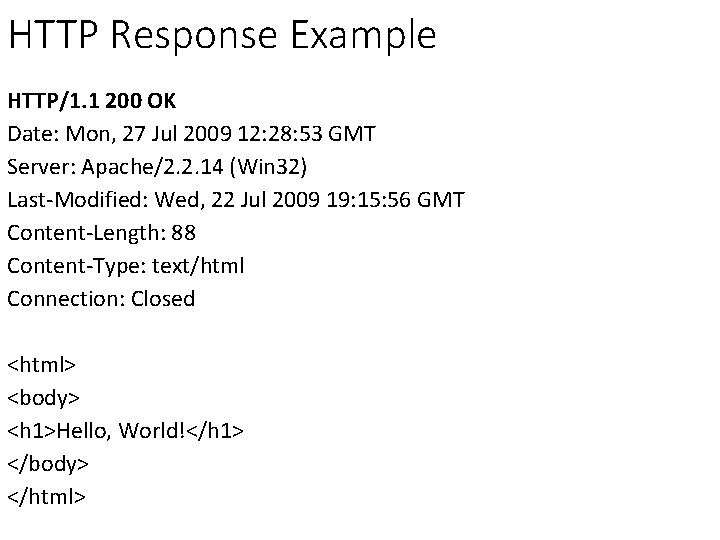 HTTP Response Example HTTP/1. 1 200 OK Date: Mon, 27 Jul 2009 12: 28: