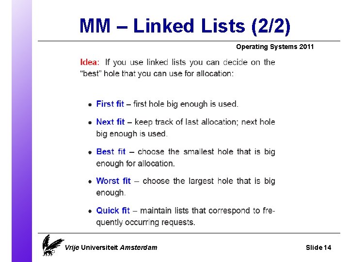 MM – Linked Lists (2/2) Operating Systems 2011 Vrije Universiteit Amsterdam Slide 14 