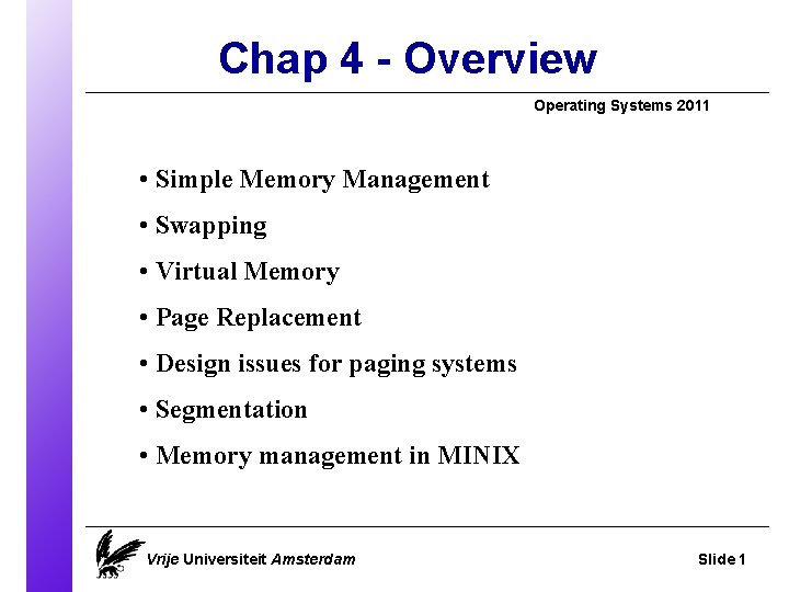 Chap 4 - Overview Operating Systems 2011 • Simple Memory Management • Swapping •
