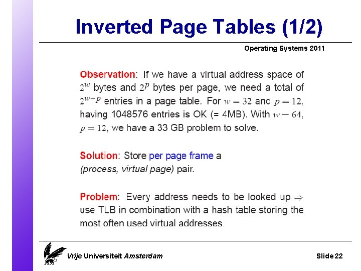 Inverted Page Tables (1/2) Operating Systems 2011 Vrije Universiteit Amsterdam Slide 22 