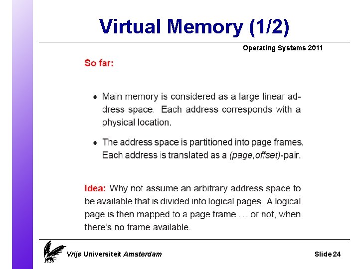 Virtual Memory (1/2) Operating Systems 2011 Vrije Universiteit Amsterdam Slide 24 