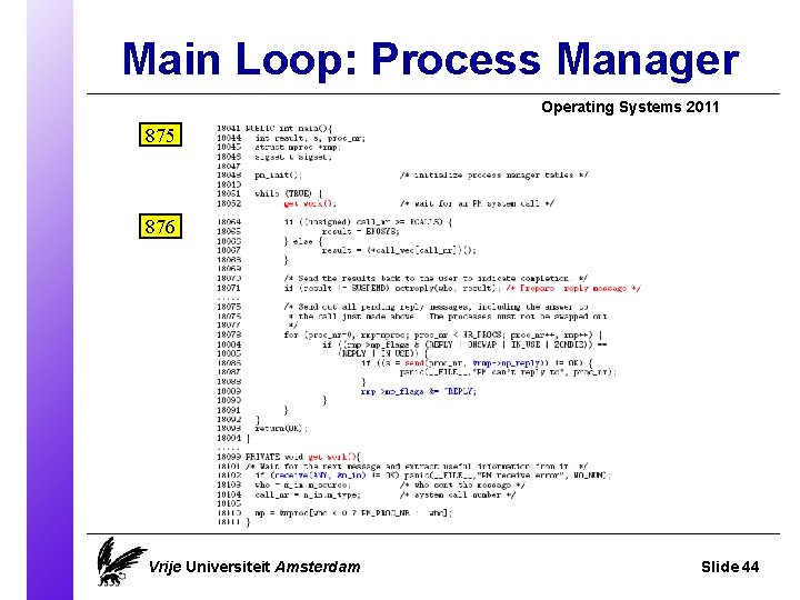 Main Loop: Process Manager Operating Systems 2011 875 876 Vrije Universiteit Amsterdam Slide 44