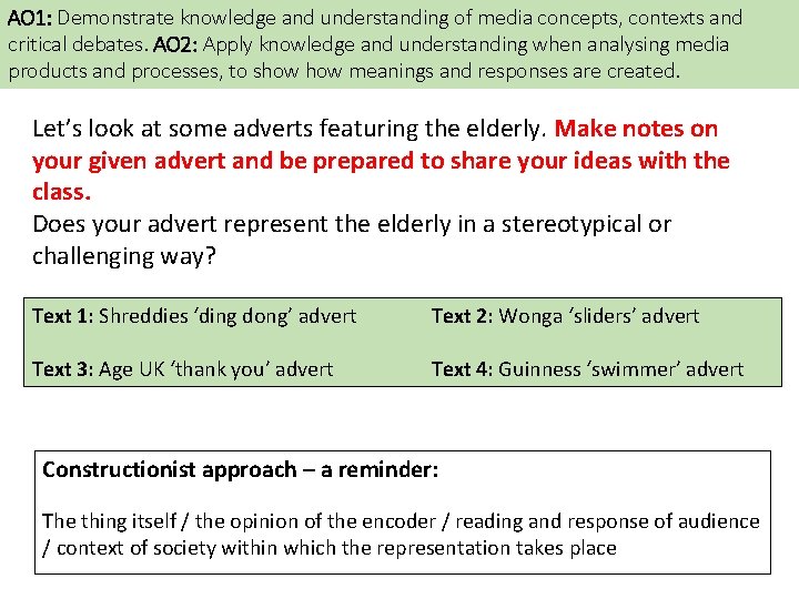 AO 1: Demonstrate knowledge and understanding of media concepts, contexts and critical debates. AO