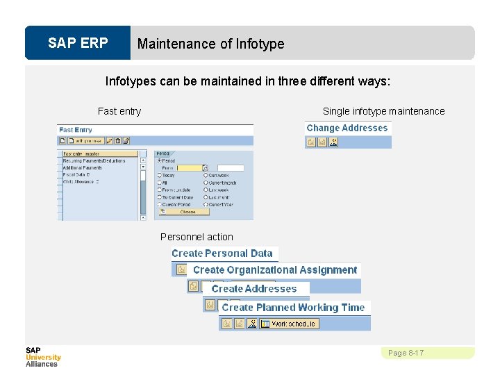 SAP ERP Maintenance of Infotypes can be maintained in three different ways: Single infotype