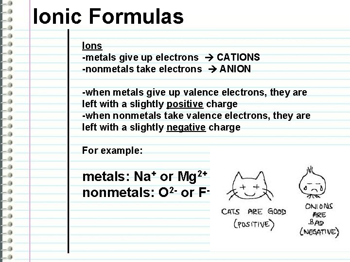 Ionic Formulas Ions -metals give up electrons CATIONS -nonmetals take electrons ANION -when metals