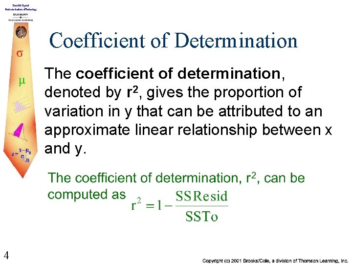 Coefficient of Determination The coefficient of determination, denoted by r 2, gives the proportion
