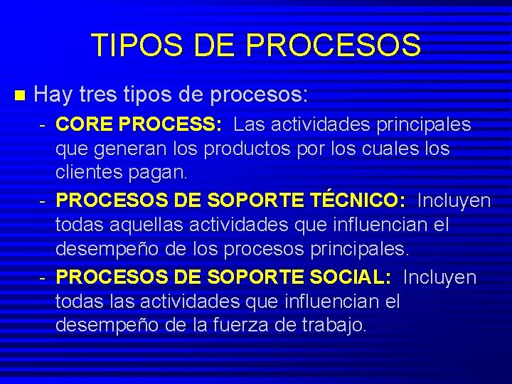 TIPOS DE PROCESOS n Hay tres tipos de procesos: - CORE PROCESS: Las actividades