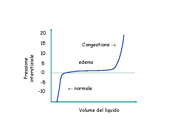 20 Pressione interstiziale 15 Congestione 10 5 edema 0 -5 -10 normale Volume del