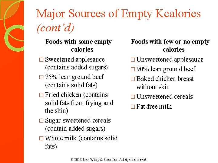 Major Sources of Empty Kcalories (cont’d) Foods with some empty calories � Sweetened applesauce Major Sources of Empty Kcalories (cont’d) Foods with some empty calories � Sweetened applesauce