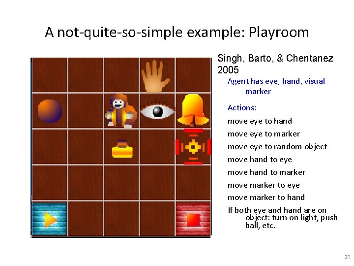 A not-quite-so-simple example: Playroom Singh, Barto, & Chentanez 2005 Agent has eye, hand, visual