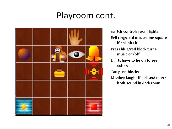 Playroom cont. Switch controls room lights Bell rings and moves one square if ball