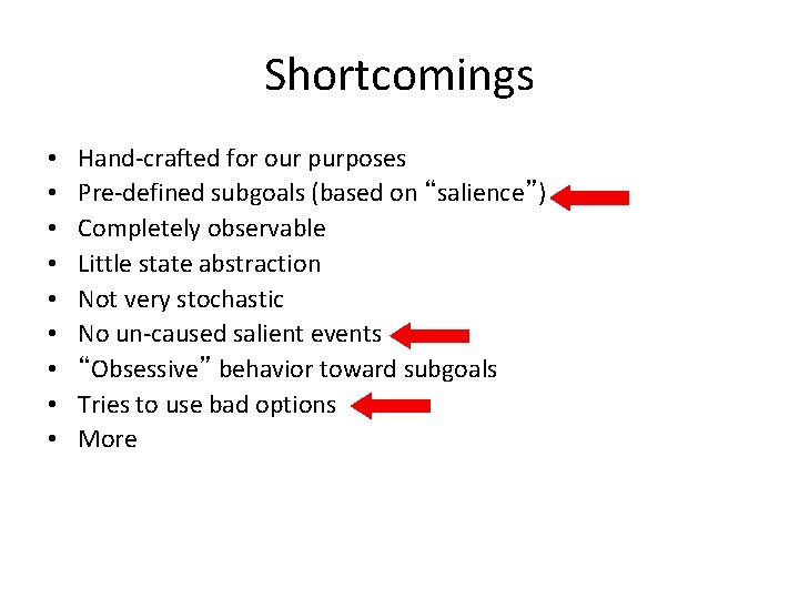Shortcomings • • • Hand-crafted for our purposes Pre-defined subgoals (based on “salience”) Completely