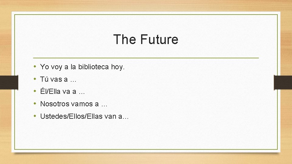 The Future • • • Yo voy a la biblioteca hoy. Tú vas a