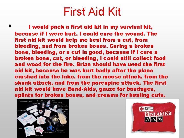 First Aid Kit • I would pack a first aid kit in my survival