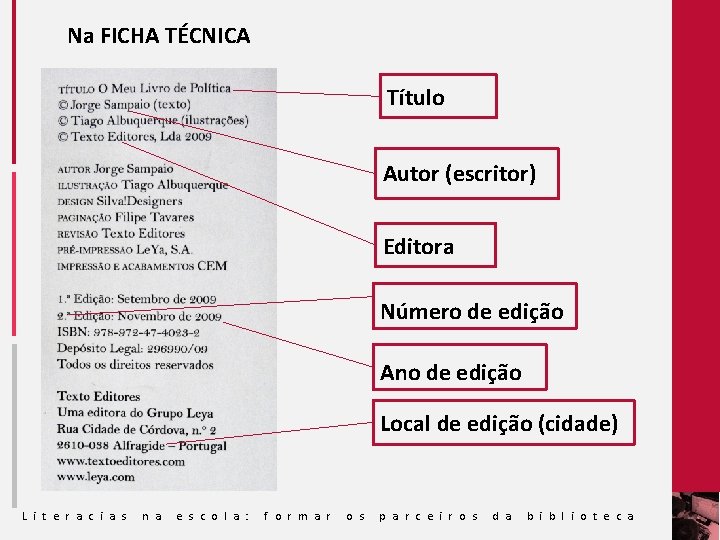 Na FICHA TÉCNICA Título Autor (escritor) Editora Número de edição Ano de edição Local