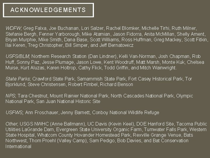 ACKNOW LEDGEMEN TS WDFW; Greg Falxa, Joe Buchanan, Lori Salzer, Rachel Blomker, Michelle Tirhi,