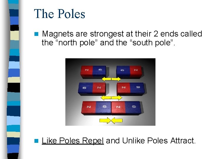 The Poles n Magnets are strongest at their 2 ends called the “north pole”