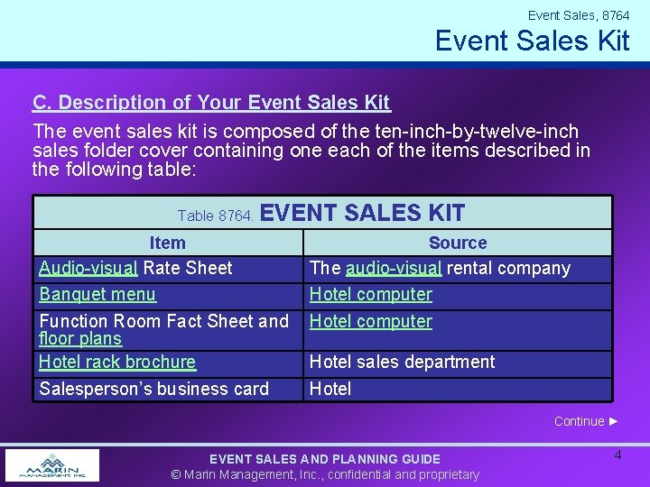 Event Sales, 8764 Event Sales Kit C. Description of Your Event Sales Kit The