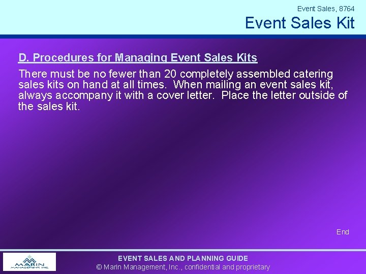 Event Sales, 8764 Event Sales Kit D. Procedures for Managing Event Sales Kits There