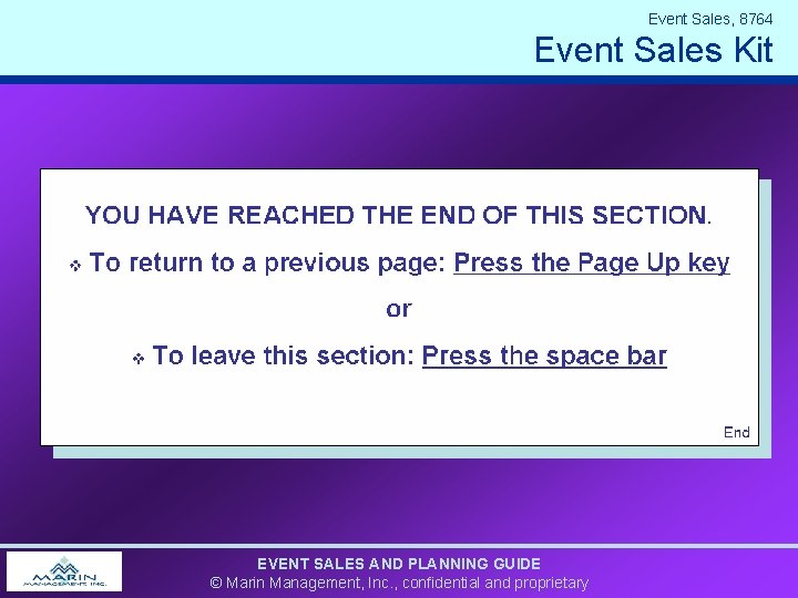 Event Sales, 8764 Event Sales Kit EVENT SALES AND PLANNING GUIDE © Marin Management,