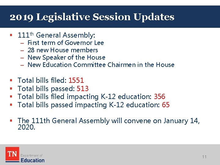 2019 Legislative Session Updates § 111 th General Assembly: – – § § First