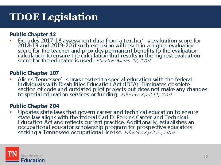 TDOE Legislation Public Chapter 42 § Excludes 2017 -18 assessment data from a teacher’s